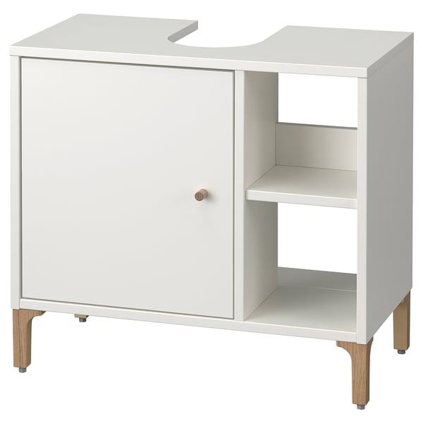White NORSÄLVEN bathroom cabinet with door and shelves, wooden legs.
