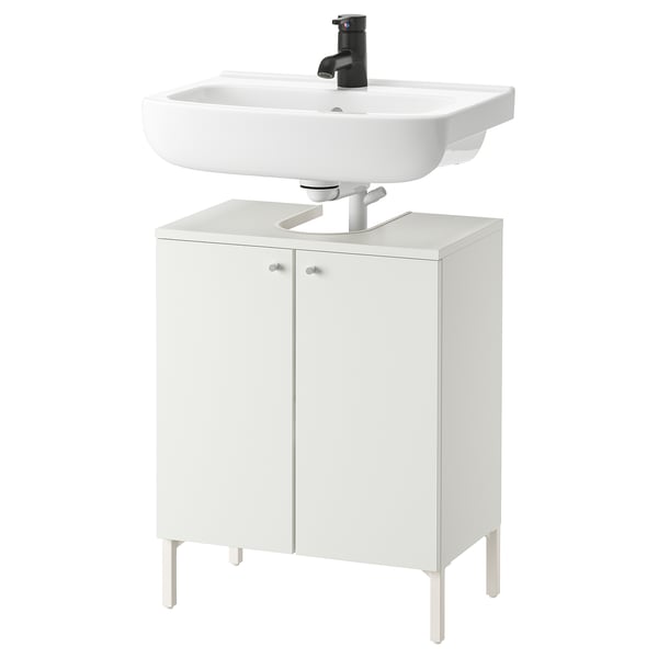 Nyssjön bathroom vanity, white cabinet with bowl sink, black tap, compact design.