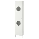 A white NYSJÖN tall cabinet with two circular cut-out doors, designed for storage.