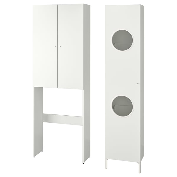 White tall laundry cabinet set, modern design, with doors and round windows on one, open bottom shelf on other, ideal for small spaces.
