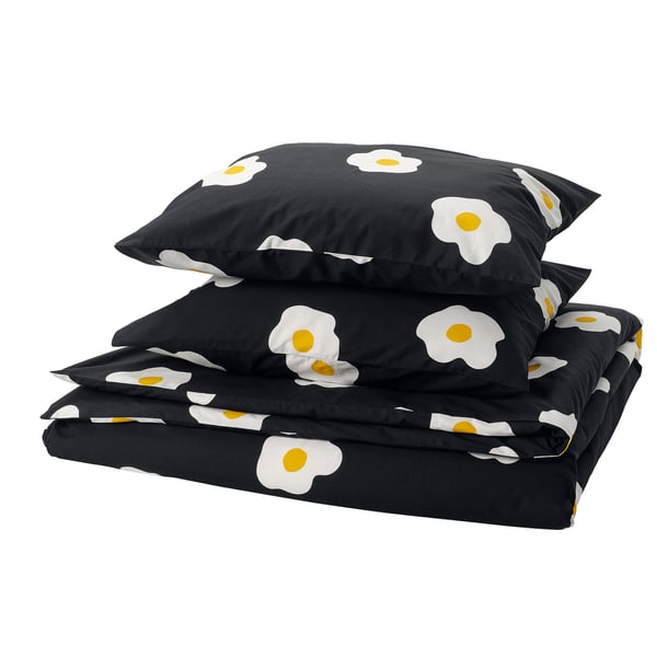 ÖGONLOCKSMAL bedding set: black with yellow flower print, cotton/viscose, folded.