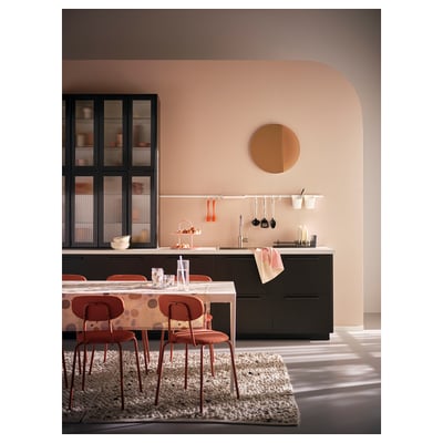 ÖSTANÖ chair: vibrant orange, upholstered seat & back, curved shape, steel legs, modern & comfy design.