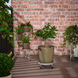 Small OLIVBLAD plant mover, black/white braided design, fits large pots, rubber wheels, against brick wall.