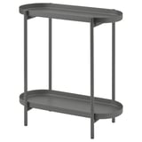 Dark gray metal plant stand with two rounded shelves.