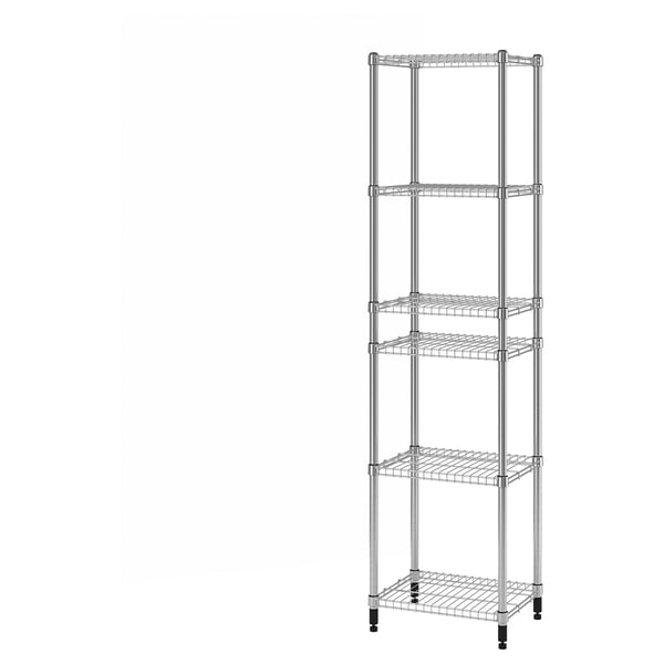OMAR silver metal shelving unit, five-tier, adjustable for any room, sturdy and stylish.