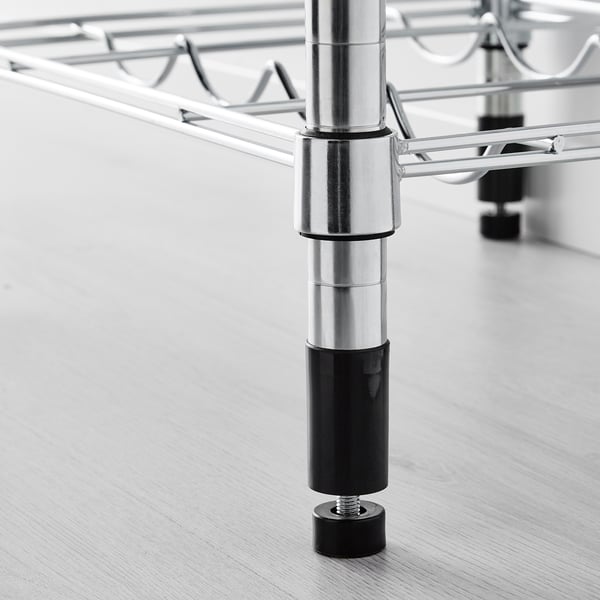 Adjustable metal shelf post with black feet for stability; ideal for custom storage solutions.