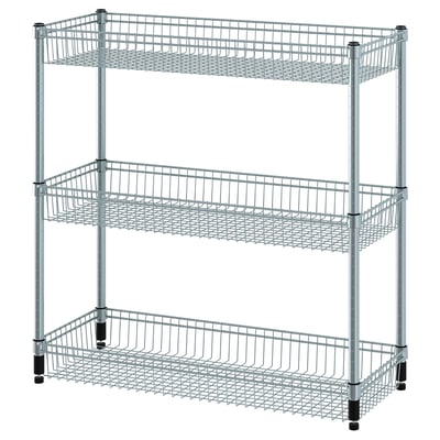 Silver metal wire storage rack with three shelves for kitchen or bathroom.