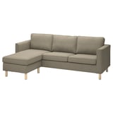 Modern beige sectional couch, l-shaped with removable, washable fabric cover, wooden legs.