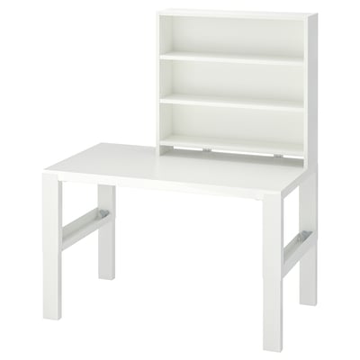 A white adjustable childrens desk and shelf unit by ikea.