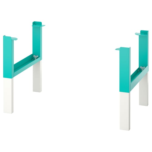 Two turquoise PÅHL desk supports. They have a rectangular shape with white poles and metal brackets.