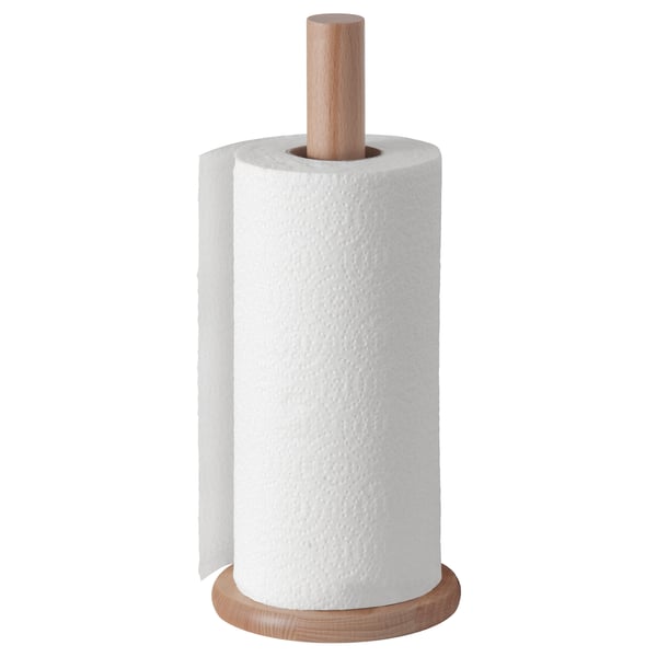 Kitchen paper holder with wooden base and stick.