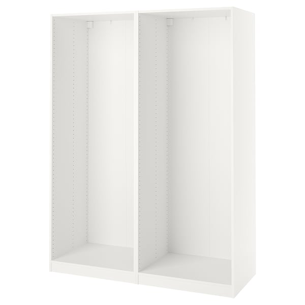 A white ikea PAX wardrobe frame. Its rectangular, with a smooth, modern design, and adjustable feet for stability.