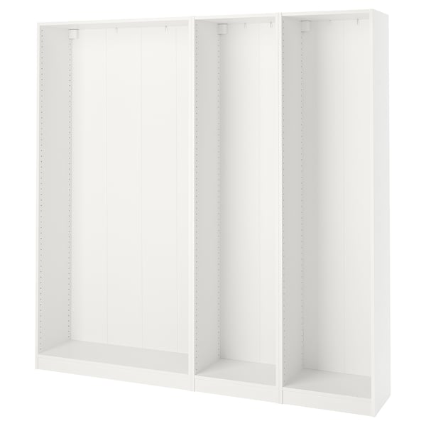Three white PAX wardrobe frames with adjustable feet for versatile use.