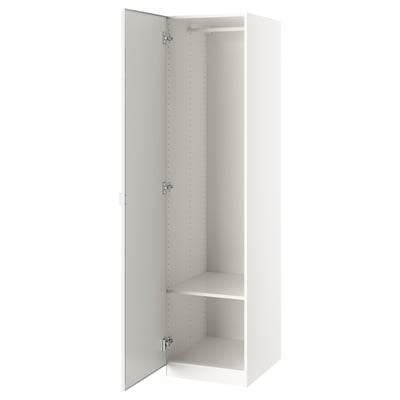 An open white ikea PAX wardrobe with a mirror door, offering storage space inside.