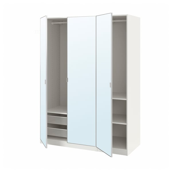 White PAX wardrobe with mirrored doors, open displaying shelves and drawers.