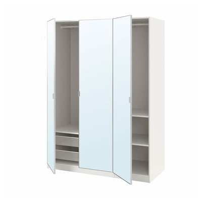 White PAX wardrobe with mirrored doors, open displaying shelves and drawers.