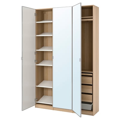 PAX wardrobe: narrow, light oak, mirrored doors, open revealing shelves, metal shoe rack, soft close hinges.