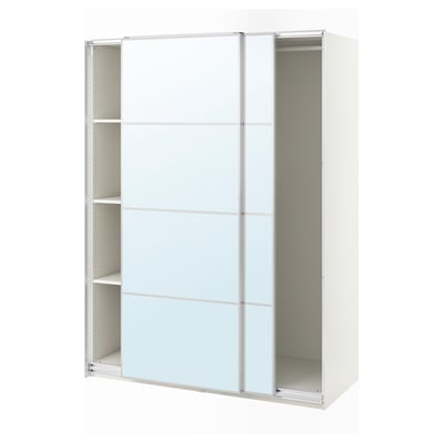 A white PAX wardrobe with mirrored sliding doors and shelves inside.