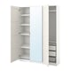 White PAX wardrobe with mirrored doors, metal shelves, and mesh baskets.