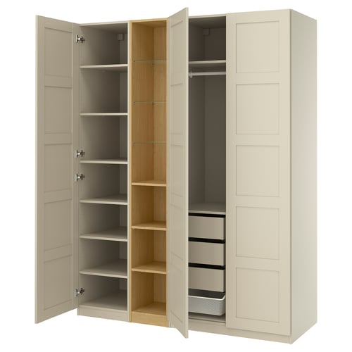 PAX / BERGSBO Wardrobe combination, grey-beige grey-beige/oak effect, 185x60x236 cm