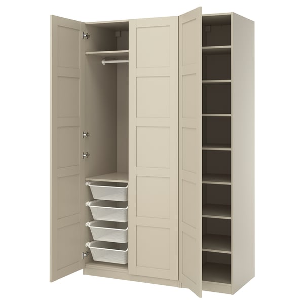 An open beige PAX wardrobe with shelves, hanging rod, and mesh baskets.