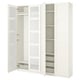 Option: A white ikea PAX wardrobe with open doors, revealing shelves and a mesh basket.