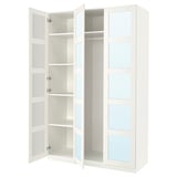 An open white PAX wardrobe with mirrored and frosted glass doors, featuring multiple shelves inside.