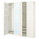 A white PAX wardrobe with open doors revealing mirrored panels and shelves.