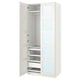 White PAX wardrobe with glass drawers, open doors revealing shelves.