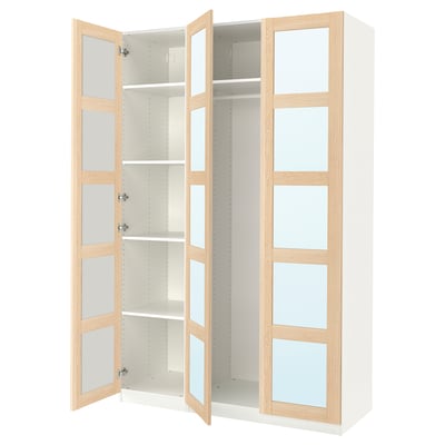 A white and light wood PAX wardrobe with mirrored glass doors and adjustable shelves.