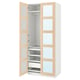 An open white PAX wardrobe with light wood accents. It glass doors, drawers, shelves, and hanging space.