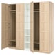 An IKEA PAX wardrobe in white with doors open, revealing shelves and hanging space. Light wood finish, rectangular shape, panel design.