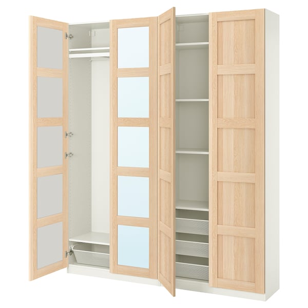 IKEA PAX wardrobe with oak doors, shelves, and mesh basket