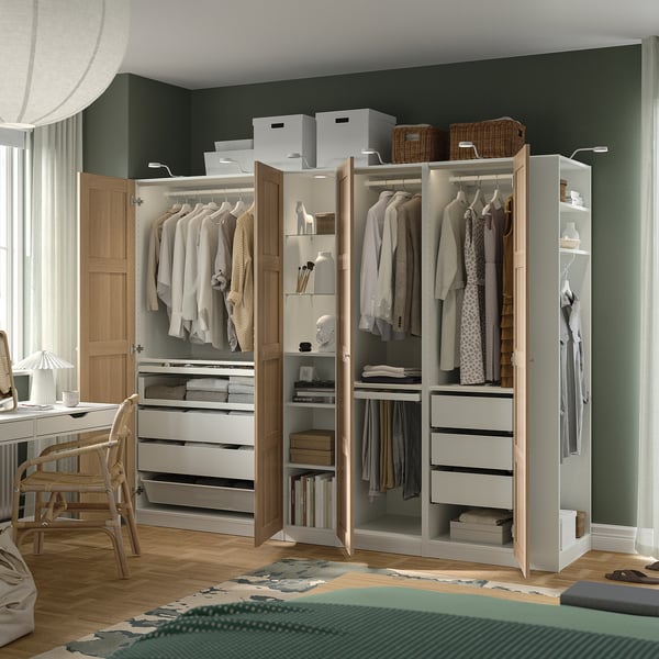 PAX / BERGSBO Wardrobe combination, white white stained oak effect/white, 255x60x201 cm