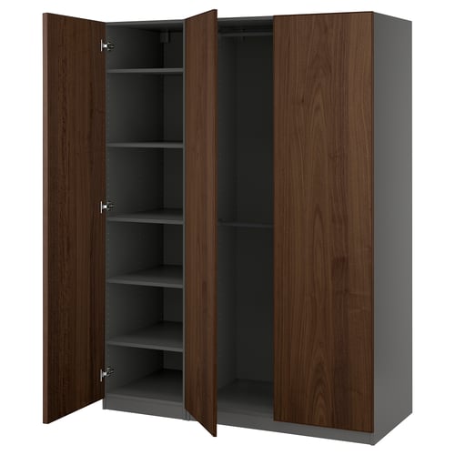 PAX wardrobe with dark brown wood doors and gray shelves.