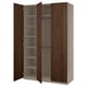 An open PAX wardrobe with dark brown wooden doors and shelves.