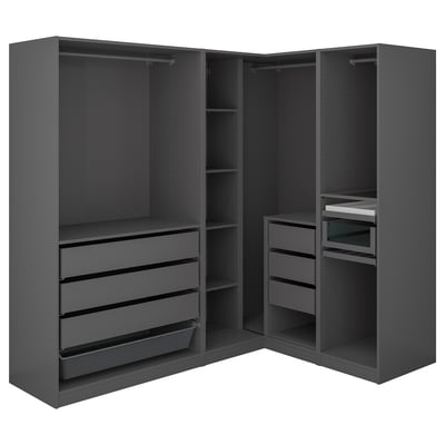 Dark gray corner wardrobe, PAX, sleek design, spacious compartments, modern furniture.