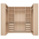Ikea PAX light wood closet with shelves and drawers.