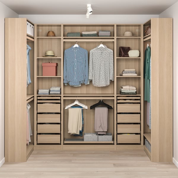 Modern closet with open and closed storage, showcasing clothes and accessories, featuring shallow frames, drawers, and adjustable feet.