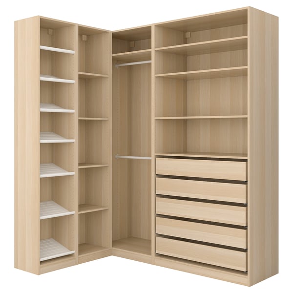 A light-colored wooden corner wardrobe with shelves and drawers.