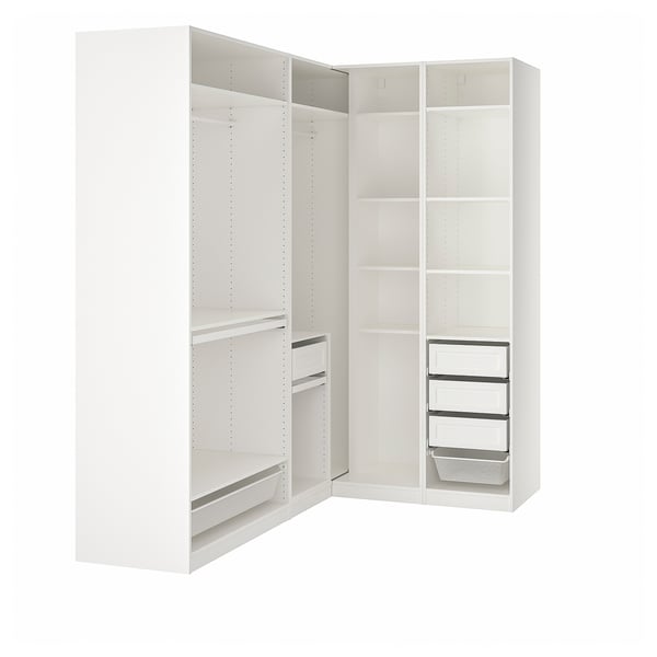 White corner wardrobe with open shelves and drawers.