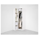 A minimalist closet with shelves for folded clothes and hangers for garments.