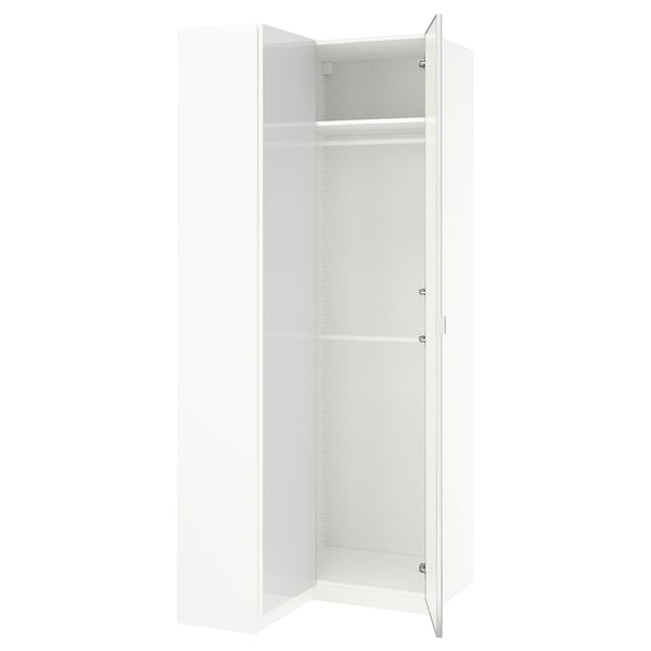 An open white PAX wardrobe with shelves. Its a minimalist, rectangular design with a modern look.