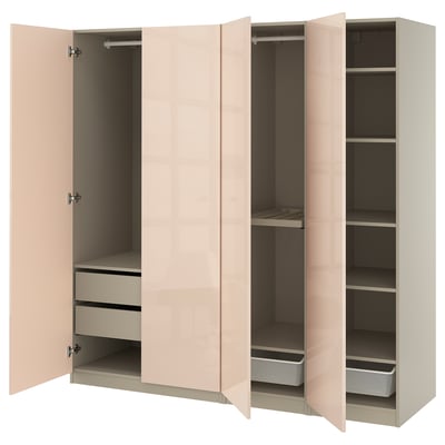 IKEA PAX wardrobe, white, high gloss, rectangular, open doors revealing shelves and drawers.