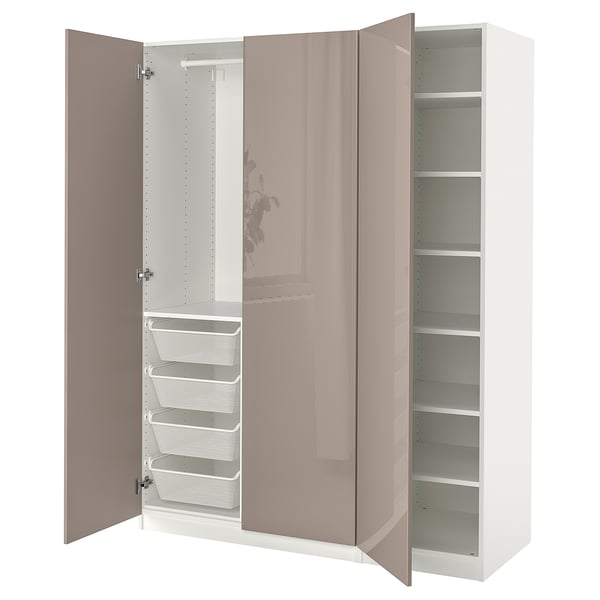 An open pinkish PAX wardrobe with white mesh baskets and adjustable shelves.