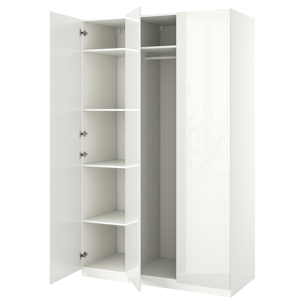 White PAX wardrobe, open doors, four shelves, modern design.