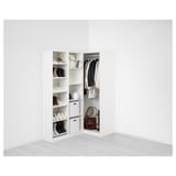 Open corner wardrobe with shelves, hanging space, and shoe rack.