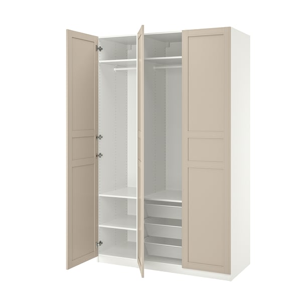 PAX wardrobe: light beige, tall, rectangular; open doors revealing shelves and rail.