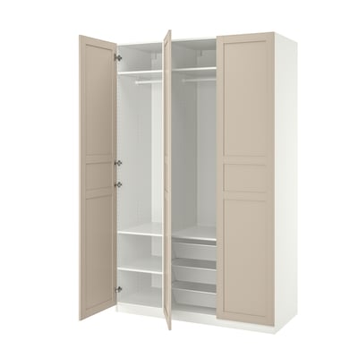 PAX wardrobe: light beige, tall, rectangular; open doors revealing shelves and rail.