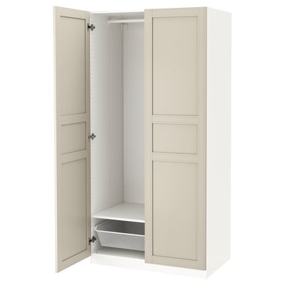 PAX wardrobe: off-white, tall, rectangular, with panels, inside storage, hanging rail, narrow frame.